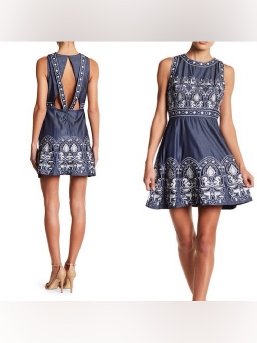 J.O.A. Embroidered Fit & Flare Mini Dress in Navy Multi — Size Medium